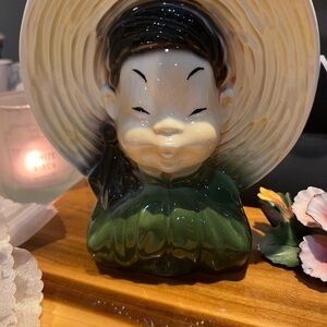 Charming Asian Girl Green and Cream Ceramic Wall Planter Vase